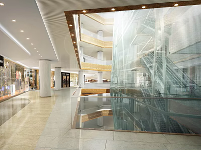 Spacious Shopping Mall Lobby With Glass Staircase High Ceiling And Reflective Floor Design 3d model