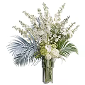 Beautiful Flower Arrangement In Vase With White Orchids Hydrangeas And Palm Leaves