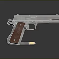 Silver Pistol With Red Wooden Grip And Magazine On Black Background