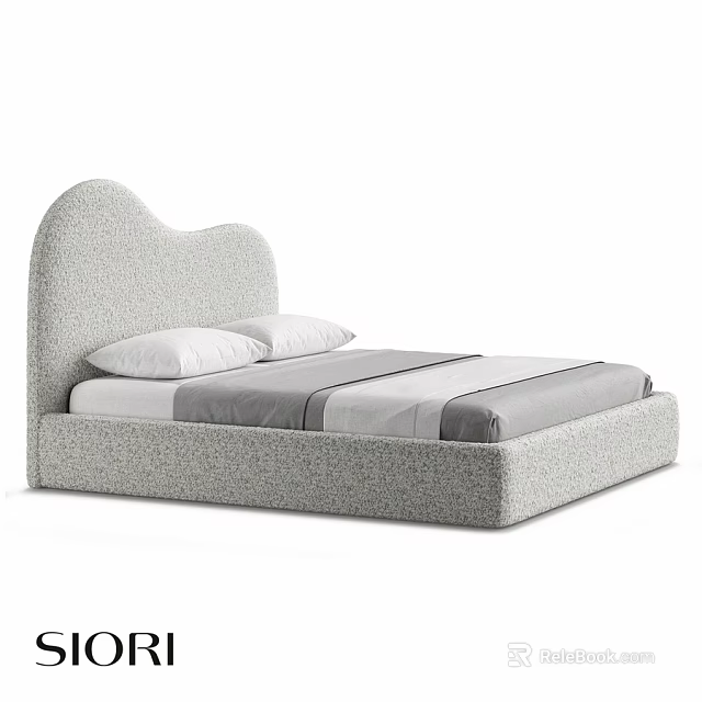 Light Gray Upholstered Double Bed With Curved Headboard And White Pillows And Striped Bed Linen 3d model 