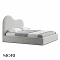 Light Gray Upholstered Double Bed With Curved Headboard And White Pillows And Striped Bed Linen