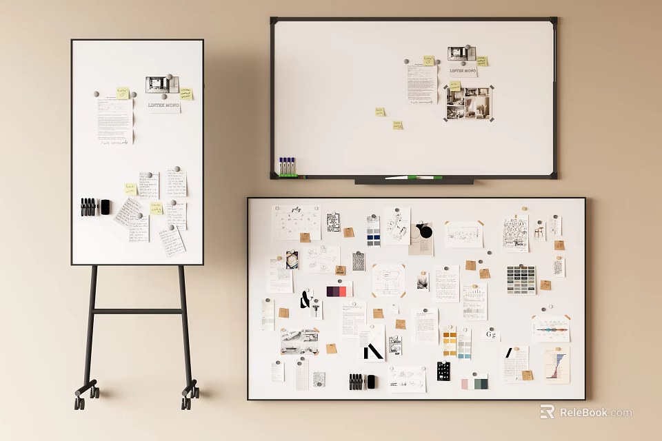 Design Inspiration Display With Whiteboards Sketches Sticky Notes And Boards 3d model 