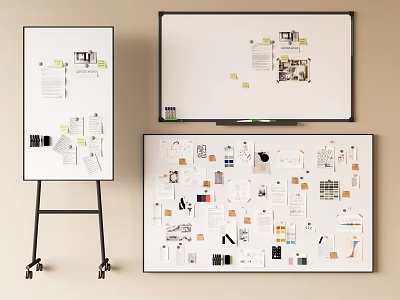 Design Inspiration Display With Whiteboards Sketches Sticky Notes And Boards 3d model