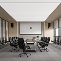 Modern Conference Room Interior With Large Meeting Table Black Chairs Projection Screen And Recessed Lighting