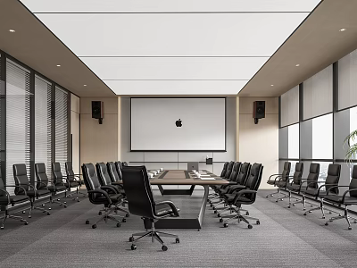 Modern Conference Room Interior With Large Meeting Table Black Chairs Projection Screen And Recessed Lighting 3d model