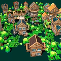 Pixel Style Park Landscape With Wooden Houses Green Trees And Grass