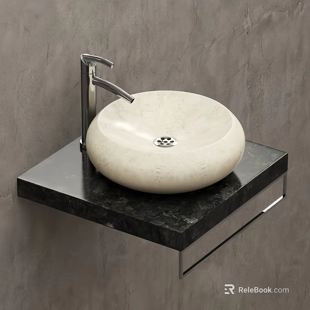 Modern White Round Washbasin on Black Marble Countertop with Chrome Faucet in Minimalist Bathroom Setting 3d model 