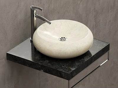 Modern White Round Washbasin on Black Marble Countertop with Chrome Faucet in Minimalist Bathroom Setting 3d model