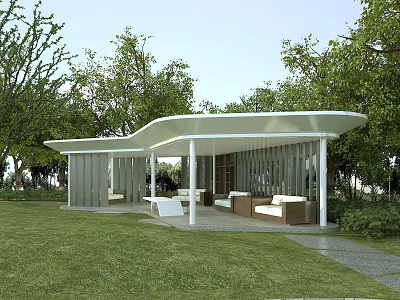Modern Outdoor Pavilion Design With Green Lawn Trees And Seating Area 3d model