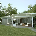 Modern Outdoor Pavilion Design With Green Lawn Trees And Seating Area