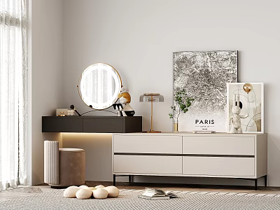 Modern Dressing Table with Round Mirror Drawers Table Lamp and Paris Wall Art 3d model