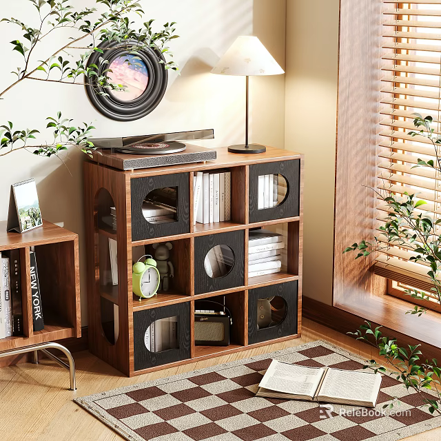 Wooden Cube Storage Cabinet In Cozy Living Room Holding Books Records Clock And Decorative Plants 3d model 