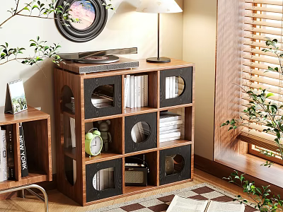 Wooden Cube Storage Cabinet In Cozy Living Room Holding Books Records Clock And Decorative Plants 3d model