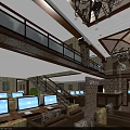 Spacious Internet Cafe Interior With Multiple Computers Rows Of Sofa Seats And Wooden Ceiling 3d model
