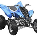 Blue ATV Motorcycle With Large Tires Black White Seat And Front Grille