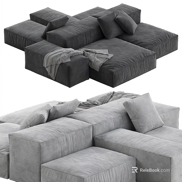 Gray Modular Sofa Set With Plush Cushions Cozy Throw Blanket And Soft Fabric 3d model 