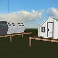 Modern Waterfront Guesthouse Buildings On Wooden Platforms With Blue Sky And White Clouds