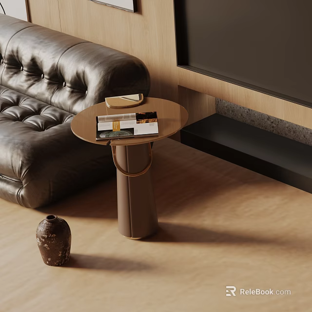 Modern Side Table With Books On Top Beside Black Leather Sofa On Wooden Floor 3d model 