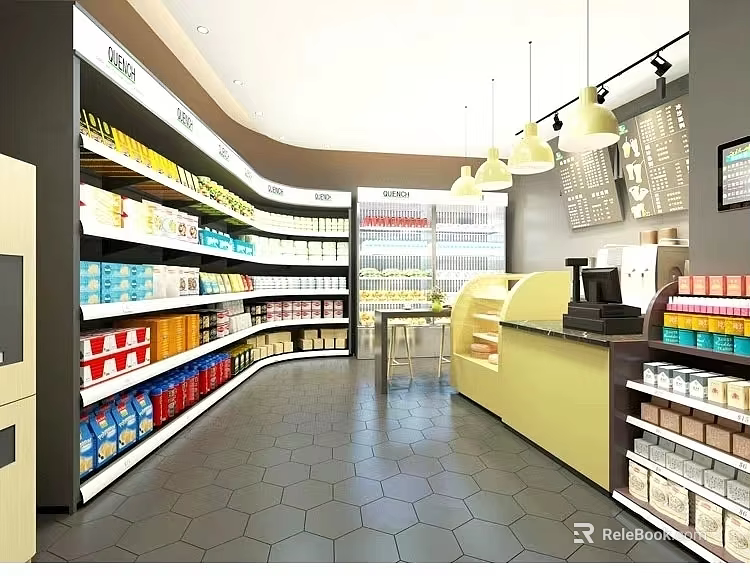 Modern Supermarket Interior With Shelves Full Of Daily Products And Checkout Counter 3d model 