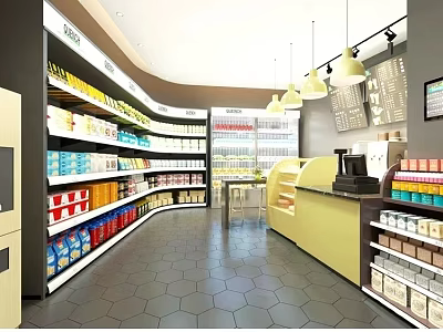 Modern Supermarket Interior With Shelves Full Of Daily Products And Checkout Counter 3d model