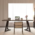 Wooden Desk with Laptop Vintage Radio Flower Vase Wooden Chair near Floor Lamp Curtain Bookshelf