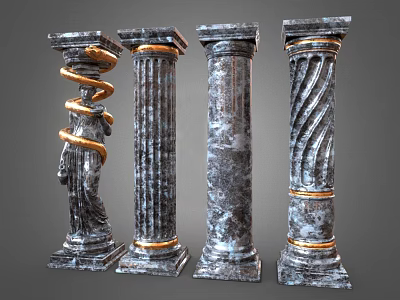 Classical Marble Columns Featuring Gold Accents Twisted Patterns And Statue Designs 3d model