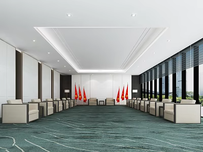 Spacious Modern Conference Room Interior With Arranged Chairs Red Flags Large Windows And Patterned Carpet 3d model