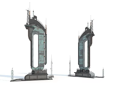Cartoon Scene Featuring Two Large Futuristic Metal Arch Towers With Antennas And Platforms 3d model