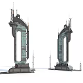 Cartoon Scene Featuring Two Large Futuristic Metal Arch Towers With Antennas And Platforms