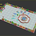 Cartoon Scene With Square Blue Floor Green Plants Orange Borders Circular Decoration And Lounge Chairs