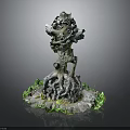 Wooden Stone Decorative Sculpture With Tree Stump Shape And Green Moss Base