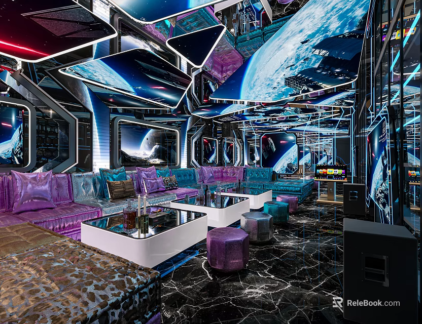 KTV Interior Design With Starry Ceiling Colorful Lighting Mirrored Decor And Comfortable Sofas 3d model