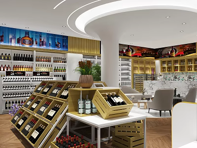 Elegant Wine Store Interior with Wooden Wine Racks Display Shelves and Seating Area 3d model