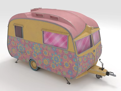 Vintage Retro Trailer With Pink Yellow Exterior And Floral Pattern Design 3d model