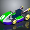 Green and White Kart With L Logo Blue Seat Two Exhaust Pipes And Yellow Wheels