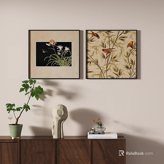 Botanical Paintings Hanging on Wall with Flowers Birds Sculpture and Potted Plant for Interior Decor 3d model 