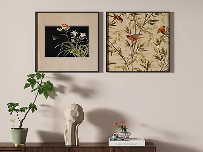 Botanical Paintings Hanging on Wall with Flowers Birds Sculpture and Potted Plant for Interior Decor 3d model