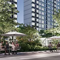 Residential Landscape With High Rise Buildings Lush Greenery Trees Lawns And Leisure Seating Areas