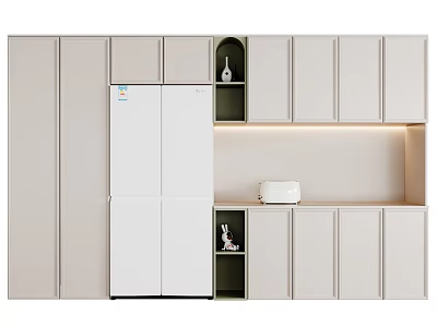 Minimalist Modern Kitchen Sideboard With Beige Storage Cabinets And Decorative Ornaments 3d model