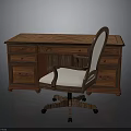 Traditional Wooden Desk With Drawers And Office Chair White Cushion Wheels Design