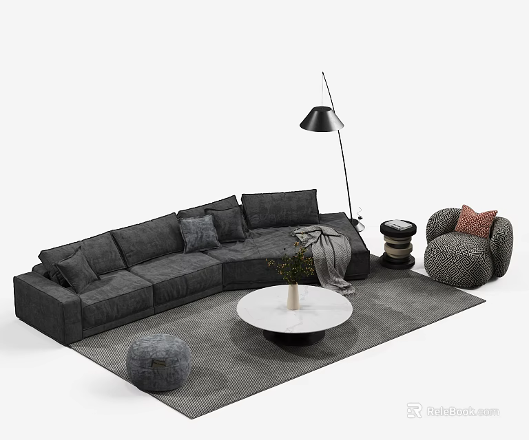 Gray L Shaped Sofa And Round White Coffee Table Set With Cushions Poufs And Rug 3d model 