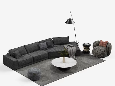 Gray L Shaped Sofa And Round White Coffee Table Set With Cushions Poufs And Rug 3d model
