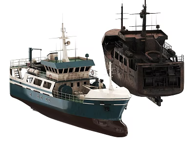 Modern Blue and White Ship and Rusty Old Ship with Exterior Details 3d model