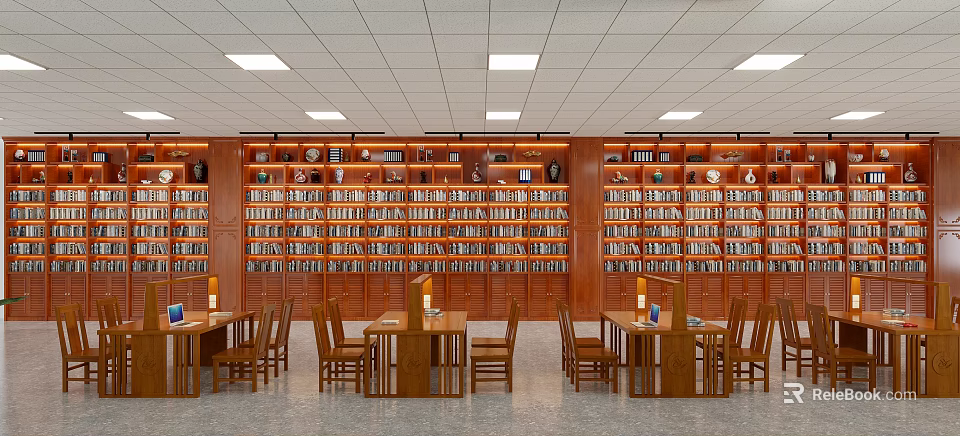 Spacious Library Interior With Wooden Bookcases Filled With Books And Decorative Items 3d model 