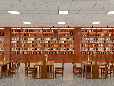 Spacious Library Interior With Wooden Bookcases Filled With Books And Decorative Items 3d model