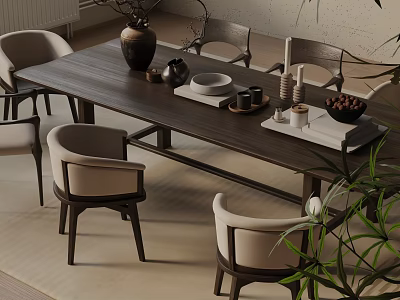 Dark Wood Dining Table Set with Light Upholstered Chairs Tabletop Vase Bowls Cups and Plant 3d model