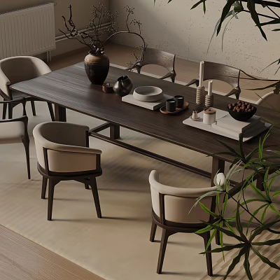Dark Wood Dining Table Set with Light Upholstered Chairs Tabletop Vase Bowls Cups and Plant 3d model