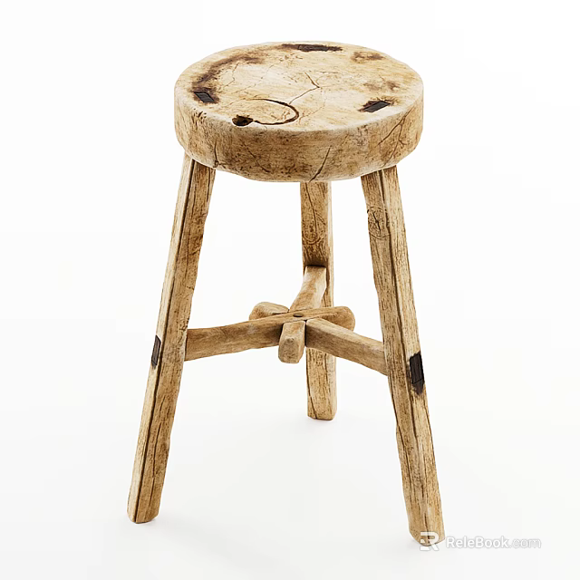 Wooden Stool With Round Seat Crossed Legs And Natural Wood Grain Design 3d model 