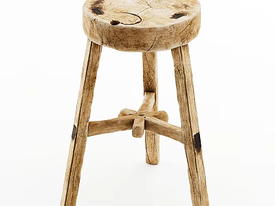 Wooden Stool With Round Seat Crossed Legs And Natural Wood Grain Design 3d model