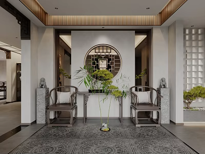 Traditional Chinese Style Foyer Hallway With Circular Window Chairs And Plants 3d model